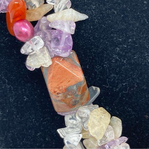 Multistrand Semiprecious Stone Necklace With Freshwater Pearls Toggle Clasp - Picture 3 of 11